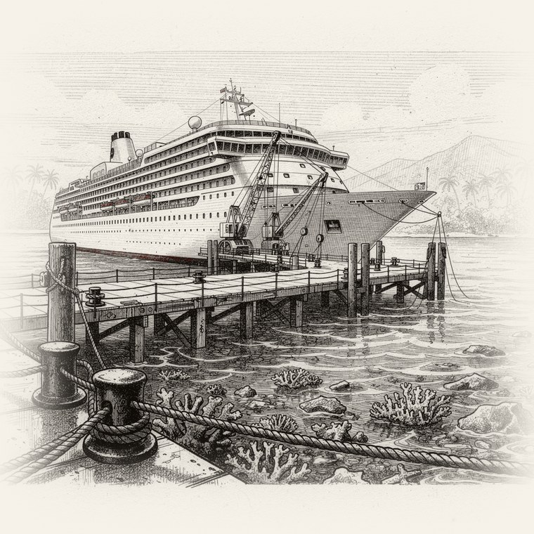 Grabado editorial: crucero atracado en muelle caribeno