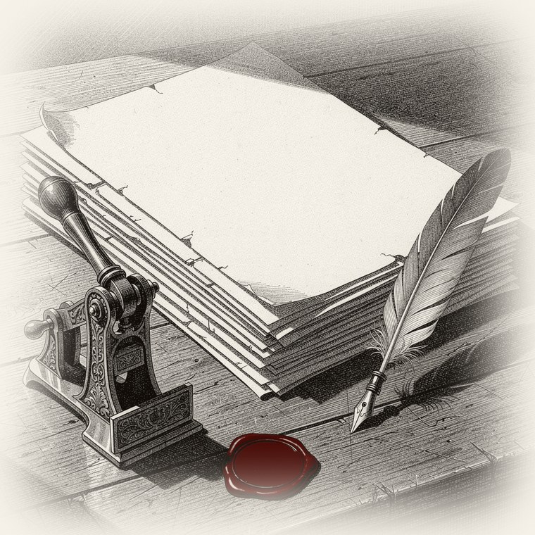 Grabado editorial: sello notarial sobre escrituras
